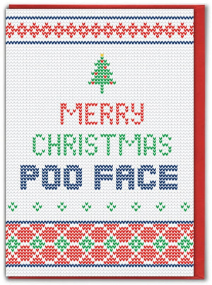 MERRY CHRISTMAS POO FACE KNITTED GREETING CARD KNITWIT