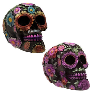 DIA DE MUERTOS SKULL METALLIC FLOWER ORNAMENT FIGURINE - ASSORTED (SINGLE)