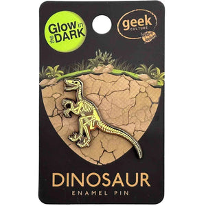 VELOCIRAPTOR SKELETON ENAMEL BADGE PIN GLOWS IN DARK