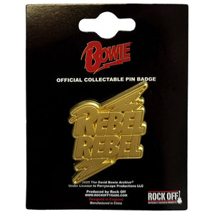 DAVID BOWIE PIN BADGE REBEL REBEL GOLD