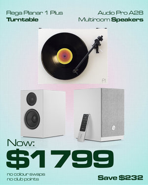 REGA PLANAR 1 PLUS TURNTABLE (WHITE) / AUDIO PRO A28 SPEAKERS (WHITE) PACKAGE DEAL