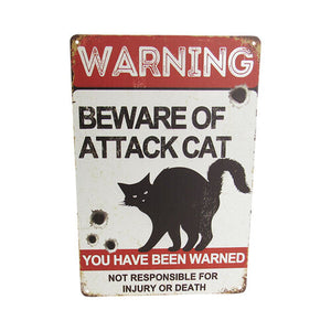 WARNING ATTACK CAT RETRO ART TIN SIGN