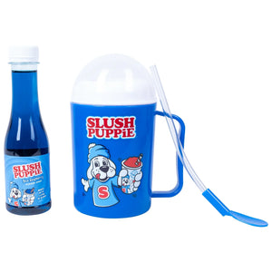 SLUSH PUPPIE SLUSHIE MAKER CUP AND BLUE RASPBERRY SYRUP