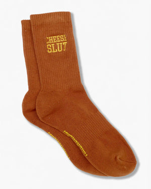 CHEESE SLUT BROWN SOCKS EMBROIDERED One size fits all 8-13