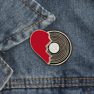 HEART AND RECORD ENAMEL BADGE PIN SET 2 PIECE BROKEN