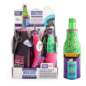 4-IN-1 STUBBY COOLER  METAL BOTTLE OPENER, CIGARETTE HOLDER  LIGHTER POCKET