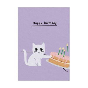 HAPPY BIRTHDAY CAT PUSHING CAKE MINI CARD