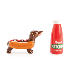 SAUSAGE DOG AND KETCHUP SALT AND PEPPER SHAKERS