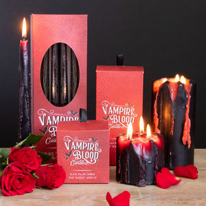 VAMPIRE BLOOD PILLAR 15CM CANDLES BLACK BLEEDS RED BOXED