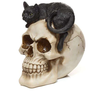 CAT ON SKULL FIGURINE ORNAMENT