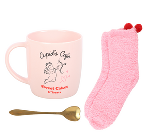 CUPIDS CAFE MUG, SOCK AND HEART SPOON SET