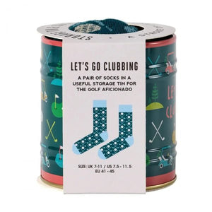 LET'S GO CLUBBING PAIR OF GOLF SOCKS IN A RETRO TIN GIFT SET