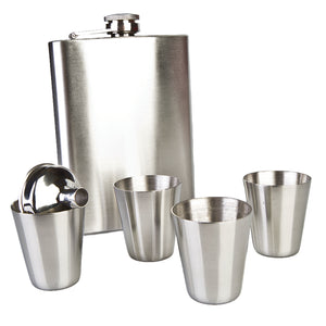 METAL FLASK FUNNEL AND 4 SHOT CLASSES SET HIP FLASK 225ML