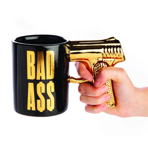 GUN HANDLE GOLD MUG BAD ASS