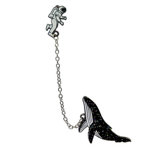ASTRONAUT AND SPACE WHALE ENAMEL BADGE SET WITH CHAIN