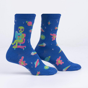 INTERGALACTIC READING LIST ALIEN WOMEN'S CREW SOCKS GLOW IN THE DARK