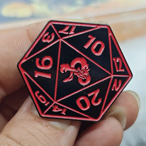 20 SIDED DICE DUNGEONS AND DRAGONS ENAMEL BADGE RED