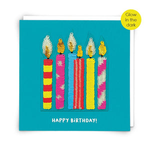 HAPPY BIRTHDAY CANDLES SEQUIN PATCH BIRTHDAY CARD - GLOW IN THE DARK