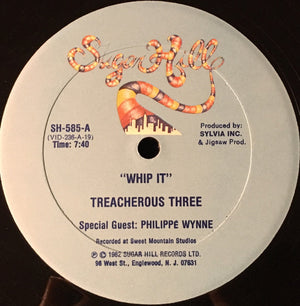 TREACHEROUS THREE | WHIP IT 12 - US - GENERIC RECORD COMPANY SLEEVE - WRITING ON SLEEVE AND LABEL
