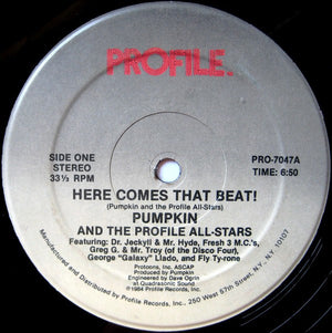 PUMPKIN AND THE PROFILE ALL STARS | HERE COMES THAT BEAT - 12 - COMPANY SLEEVE - WRITING ON LABEL